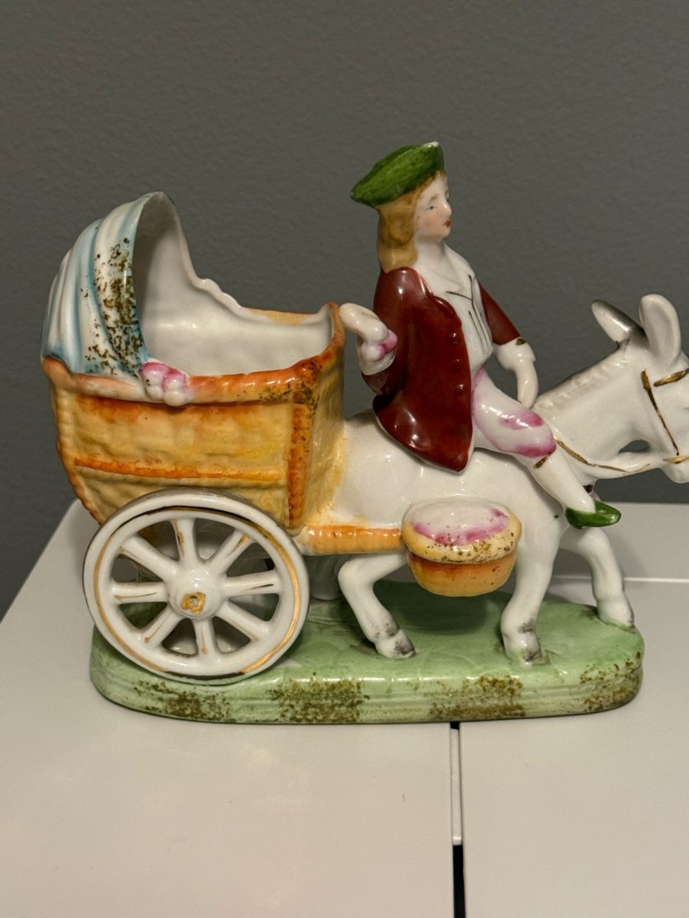 Victorian Bisque Man on Donkey Cart Planter